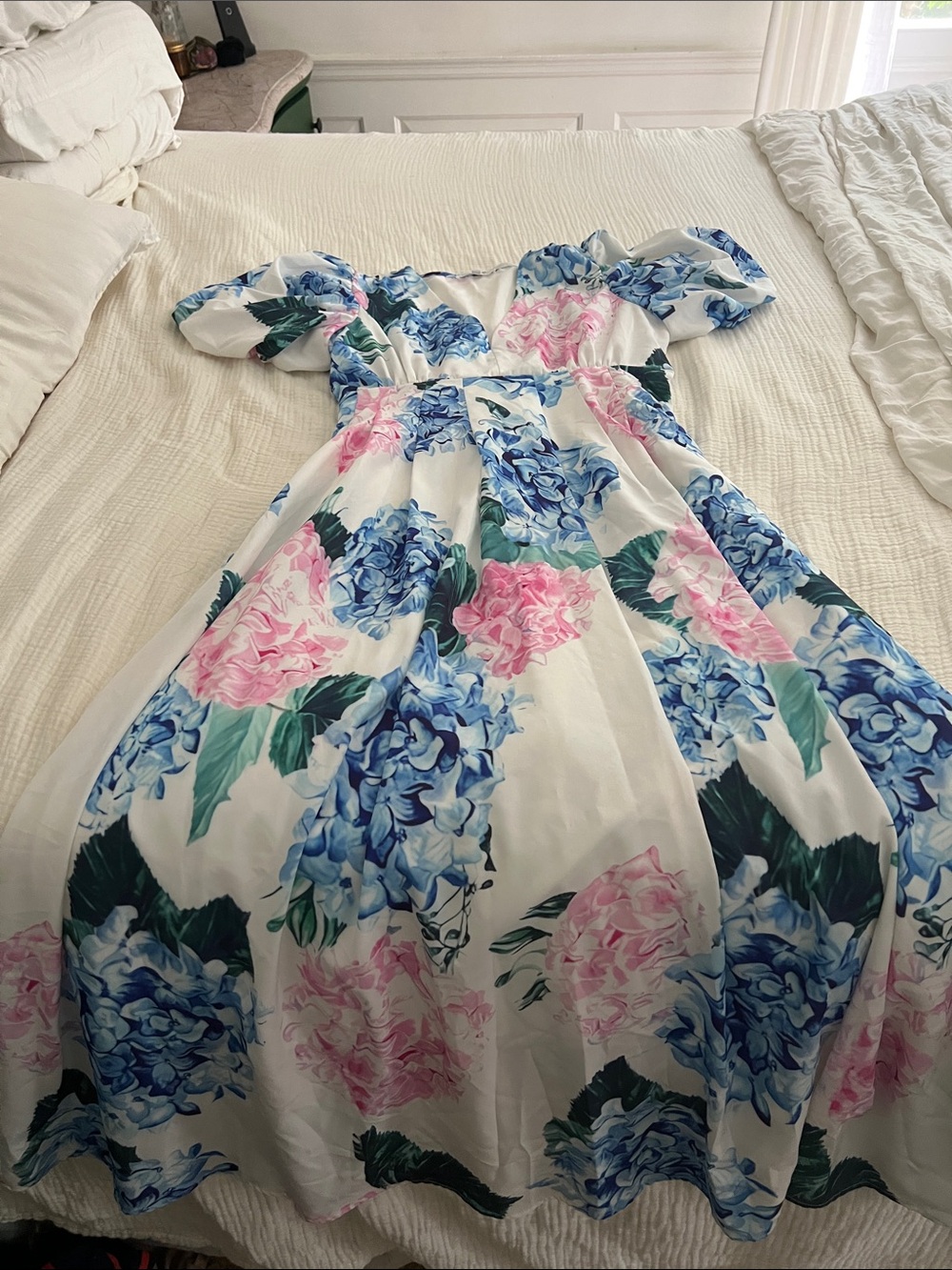 White Floral Midi Dress with Pink & Blue Hydrangeas